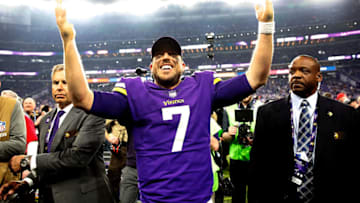 MINNEAPOLIS, MN - JANUARY 14: Quarterback Case Keenum #7 of the Minnesota Vikings celebrates as he walks off the field after the Vikings defeated the New Orleans Saints 29-24 to win the NFC divisional round playoff game at U.S. Bank Stadium on January 14, 2018 in Minneapolis, Minnesota. (Photo by Jamie Squire/Getty Images)