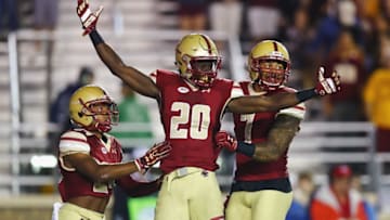 CHESTNUT HILL, MA - OCTOBER 07: Isaac Yiadom #20 of the Boston College Eagles celebrates after intercepting a pass during the first quarter against the Virginia Tech Hokies at Alumni Stadium on October 7, 2017 in Chestnut Hill, Massachusetts. (Photo by Tim Bradbury/Getty Images)