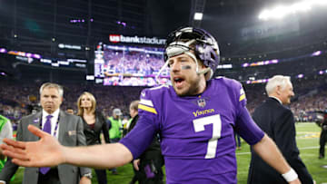 MINNEAPOLIS, MN - JANUARY 14: Case Keenum #7 of the Minnesota Vikings celebrates after defeating the New Orleans Saints in the NFC Divisional Playoff game at U.S. Bank Stadium on January 14, 2018 in Minneapolis, Minnesota. (Photo by Jamie Squire/Getty Images)