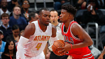 ATLANTA, GA - NOVEMBER 09: Jimmy Butler #21 of the Chicago Bulls looks to drive against Paul Millsap #4 of the Atlanta Hawks at Philips Arena on November 9, 2016 in Atlanta, Georgia. NOTE TO USER User expressly acknowledges and agrees that, by downloading and or using this photograph, user is consenting to the terms and conditions of the Getty Images License Agreement. (Photo by Kevin C. Cox/Getty Images)