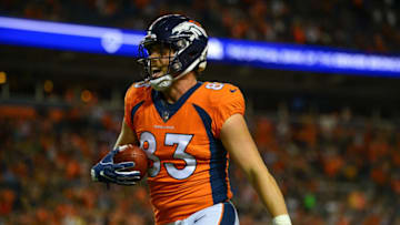 DENVER, CO - AUGUST 11: Tight end Matt LaCosse #83 of the Denver Broncos runs into the end zone for a third quarter touchdown during an NFL preseason game at Broncos Stadium at Mile High on August 11, 2018 in Denver, Colorado. (Photo by Dustin Bradford/Getty Images)