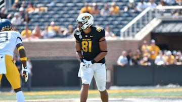 COLUMBIA, MO - SEPTEMBER 07: Tight end Albert Okwuegbunam #81 of the Missouri Tigers in action against the West Virginia Mountaineers at Memorial Stadium on September 7, 2019 in Columbia, Missouri. (Photo by Ed Zurga/Getty Images)