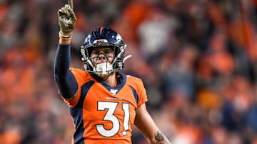 DENVER, CO - NOVEMBER 3: Justin Simmons #31 of the Denver Broncos celebrates a defensive stop against the Cleveland Browns in the fourth quarter of a game at Empower Field at Mile High on November 3, 2019 in Denver, Colorado. (Photo by Dustin Bradford/Getty Images)