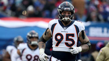 ORCHARD PARK, NEW YORK - NOVEMBER 24: Derek Wolfe #95 of the Denver Broncos runs onto the field before an NFL game against the Buffalo Bills at New Era Field on November 24, 2019 in Orchard Park, New York. (Photo by Bryan M. Bennett/Getty Images)