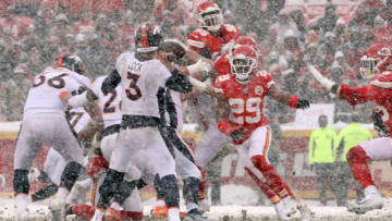 KANSAS CITY, MISSOURI - DECEMBER 15: Quarterback Drew Lock #3 of the Denver Broncos passes as cornerback Kendall Fuller #29 of the Kansas City Chiefs rushes during the game at Arrowhead Stadium on December 15, 2019 in Kansas City, Missouri. (Photo by Jamie Squire/Getty Images)