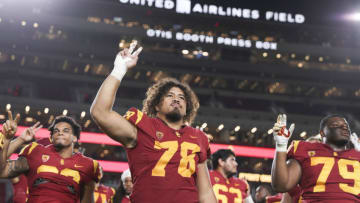 LOS ANGELES, CALIFORNIA - OCTOBER 19: Defensive lineman Jay Tufele #78 of the USC Trojans after defeating the Arizona Wildcats 41-14 at Los Angeles Memorial Coliseum on October 19, 2019 in Los Angeles, California. (Photo by Meg Oliphant/Getty Images)