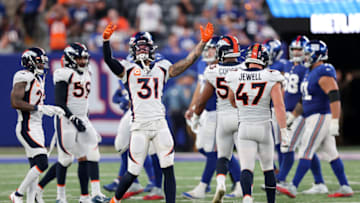 EAST RUTHERFORD, NEW JERSEY - SEPTEMBER 12: Justin Simmons #31 of the Denver Broncos reacts during the last minute of the game against the New York Giants at MetLife Stadium on September 12, 2021 in East Rutherford, New Jersey. (Photo by Alex Trautwig/Getty Images)