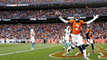 DENVER, COLORADO - NOVEMBER 28: Pat Surtain II #2 of the Denver Broncos celebrates after getting an interception in the fourth quarter against the Los Angeles Chargers at Empower Field At Mile High on November 28, 2021 in Denver, Colorado. (Photo by Justin Edmonds/Getty Images)