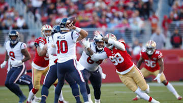 SANTA CLARA, CA - JANUARY 2: Davis Mills #10 of the Houston Texans passes during the game against the San Francisco 49ers at Levi's Stadium on January 2, 2022 in Santa Clara, California. The 49ers defeated the Texans 23-7. (Photo by Michael Zagaris/San Francisco 49ers/Getty Images)