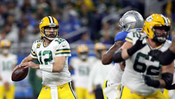 DETROIT, MICHIGAN - JANUARY 09: Aaron Rodgers #12 of the Green Bay Packers looks to pass against the Detroit Lions during the first quarter at Ford Field on January 09, 2022 in Detroit, Michigan. (Photo by Mike Mulholland/Getty Images)