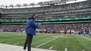 Denver Broncos: Head Coach Joe Judge of the New York Giants talks to the officials in the fourth quarter of the game against the San Francisco 49ers at MetLife Stadium on January 09, 2022 in East Rutherford, New Jersey. (Photo by Elsa/Getty Images)