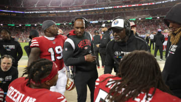 SANTA CLARA, CA - OCTOBER 3: Defensive Coordinator DeMeco Ryans and Linebackers Coach Johnny Holland of the San Francisco 49ers on the sideline during the game against the Los Angeles Rams at Levi's Stadium on October 3, 2022 in Santa Clara, California. The 49ers defeated the Rams 24-9. (Photo by Michael Zagaris/San Francisco 49ers/Getty Images)