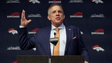 ENGLEWOOD, COLORADO - FEBRUARY 06: New Denver Broncos Coach Sean Payton addresses the media during a press conference at UCHealth Training Center on February 06, 2023 in Englewood, Colorado. (Photo by Matthew Stockman/Getty Images)