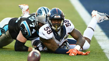 Denver Bronco Von Miller watches a lose ball in the end zone during Super Bowl 50 against the Carolina Panthers at Levi's Stadium in Santa Clara, California, on February 7, 2016. / AFP / TIMOTHY A. CLARY (Photo credit should read TIMOTHY A. CLARY/AFP via Getty Images)