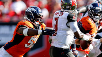 TAMPA, FL - OCTOBER 2: Linebacker Todd Davis #51 of the Denver Broncos sacks Quarterback Jameis Winston #3 of the Tampa Bay Buccaneers during the game at Raymond James Stadium on October 2, 2016 in Tampa, Florida. Denver defeated Tampa Bay 27 to 7. (Photo by Don Juan Moore/Getty Images)