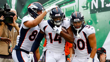 EAST RUTHERFORD, NEW JERSEY - OCTOBER 07: Courtland Sutton #14 of the Denver Broncos celebrates with his teammates after scoring an 8 yard touchdown against the New York Jets during the first quarter in the game at MetLife Stadium on October 07, 2018 in East Rutherford, New Jersey. (Photo by Mike Stobe/Getty Images)