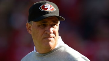 SAN FRANCISCO, CA - DECEMBER 30: Defensive Coordinator Vic Fangio of the San Francisco 49ers looks on during pre-game warm ups before their game against the Arizona Cardinals at Candlestick Park on December 30, 2012 in San Francisco, California. (Photo by Thearon W. Henderson/Getty Images)