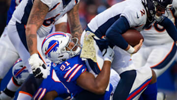 ORCHARD PARK, NY - NOVEMBER 24: Ed Oliver #91 of the Buffalo Bills sacks Brandon Allen #2 of the Denver Broncos during the fourth quarter at New Era Field on November 24, 2019 in Orchard Park, New York. Buffalo defeats Denver 20-3. (Photo by Brett Carlsen/Getty Images)