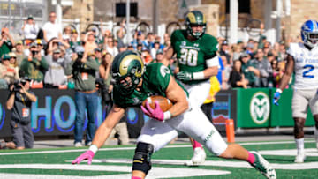Oct 28, 2017; Fort Collins, CO, USA; Colorado State Rams fullback Adam Prentice (46) makes a catch for a touchdown in the second quarter against the Air Force Falcons at Sonny Lubick Field at Colorado State Stadium. Mandatory Credit: Isaiah J. Downing-USA TODAY Sports