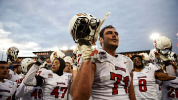 Illinois State lineman Drew Himmelman (71) celebrates a win against SDSU on Saturday, Nov. 9, 2019 at Dana J. Dykhouse Stadium. The final score of the game was 27-18.Sdsuvsillinois740