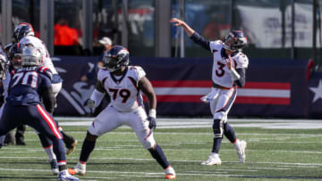 Oct 18, 2020; Foxborough, Massachusetts, USA; Denver Broncos quarterback Drew Lock (3) passes the ball against the New England Patriots during the second half at Gillette Stadium. Mandatory Credit: Paul Rutherford-USA TODAY Sports