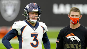 Nov 15, 2020; Paradise, Nevada, USA; Denver Broncos quarterback Drew Lock (3) prior to a game against the Las Vegas Raiders at Allegiant Stadium. Mandatory Credit: Kirby Lee-USA TODAY Sports