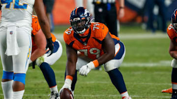 Nov 1, 2020; Denver, Colorado, USA; Denver Broncos center Lloyd Cushenberry III (79) in the fourth quarter against the Los Angeles Chargers at Empower Field at Mile High. Mandatory Credit: Isaiah J. Downing-USA TODAY Sports