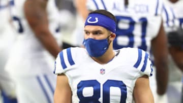 Dec 13, 2020; Paradise, Nevada, USA; Indianapolis Colts tight end Trey Burton (80) against the Las Vegas Raiders at Allegiant Stadium. Mandatory Credit: Mark J. Rebilas-USA TODAY Sports