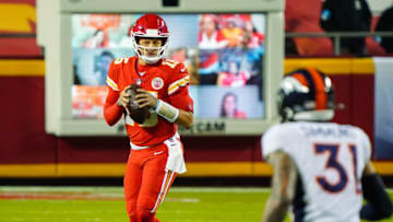 Dec 6, 2020; Kansas City, Missouri, USA; Kansas City Chiefs quarterback Patrick Mahomes (15) drops back to pass against the Denver Broncos during the second half at Arrowhead Stadium. Mandatory Credit: Jay Biggerstaff-USA TODAY Sports