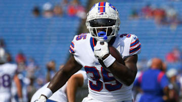 Denver Broncos roster; Buffalo Bills running back Kerrith Whyte (35) warms up prior to the game against the Green Bay Packers at Highmark Stadium. Mandatory Credit: Rich Barnes-USA TODAY Sports