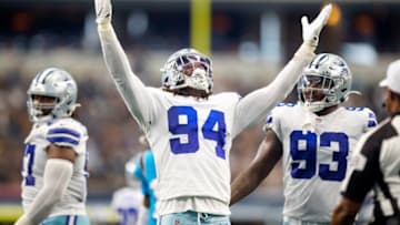 Oct 3, 2021; Arlington, Texas, USA; Dallas Cowboys defensive end Randy Gregory (94) celebrates against the Carolina Panthers at AT&T Stadium. Mandatory Credit: Mark J. Rebilas-USA TODAY Sports