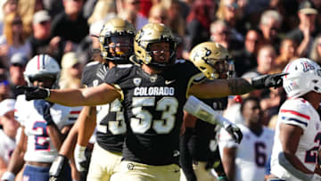 Oct 16, 2021; Boulder, Colorado, USA; Colorado Buffaloes linebacker Nate Landman (53) reacts to a play in the second quarter against the Arizona Wildcats at Folsom Field. Mandatory Credit: Ron Chenoy-USA TODAY Sports