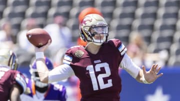 May 1, 2022; Birmingham, AL, USA; Michigan Panthers quarterback Paxton Lynch (12) throws against the Pittsburgh Maulers during the first half at Protective Stadium. Mandatory Credit: Vasha Hunt-USA TODAY Sports