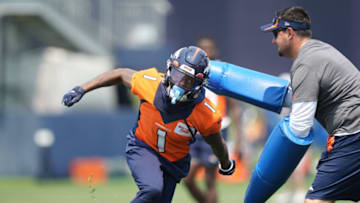Jun 13, 2022; Englewood, CO, USA; Denver Broncos wide receiver KJ Hamler (1) during mini camp drills at the UCHealth Training Center. Mandatory Credit: Ron Chenoy-USA TODAY Sports