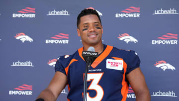 Jun 13, 2022; Englewood, CO, USA; Denver Broncos quarterback Russell Wilson (3) speaks following mini camp drills at the UCHealth Training Center. Mandatory Credit: Ron Chenoy-USA TODAY Sports