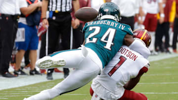 Sep 25, 2022; Landover, Maryland, USA; Philadelphia Eagles cornerback James Bradberry (24) breaks up a pass intended for Washington Commanders wide receiver Jahan Dotson (1) during the third quarter at FedExField. Mandatory Credit: Geoff Burke-USA TODAY Sports
