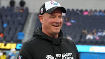 Oct 17, 2022; Inglewood, California, USA; Denver Broncos head coach Nathaniel Hackett reacts during the game against the Los Angeles Chargers at SoFi Stadium. Mandatory Credit: Kirby Lee-USA TODAY Sports