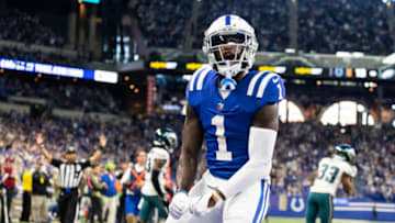 Denver Broncos; Indianapolis Colts wide receiver Parris Campbell (1) celebrates his catch in the second half against the Philadelphia Eagles at Lucas Oil Stadium. Mandatory Credit: Trevor Ruszkowski-USA TODAY Sports