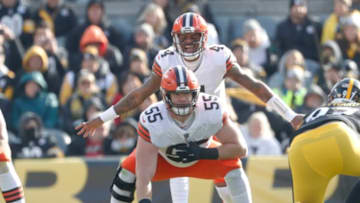 Jan 8, 2023; Pittsburgh, Pennsylvania, USA; Cleveland Browns quarterback Deshaun Watson (4) changes the play at the line of scrimmage as he awaits the snap from center Ethan Pocic (55) against the Pittsburgh Steelers during the second quarter at Acrisure Stadium. Mandatory Credit: Charles LeClaire-USA TODAY Sports
