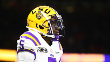 Jan 13, 2020; New Orleans, Louisiana, USA; LSU Tigers cornerback Kary Vincent Jr. (5) against the Clemson Tigers in the College Football Playoff national championship game at Mercedes-Benz Superdome. Mandatory Credit: Mark J. Rebilas-USA TODAY Sports