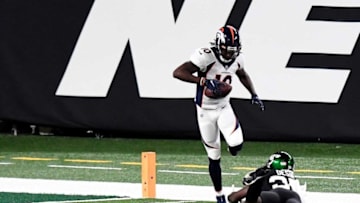 Denver Broncos wide receiver Jerry Jeudy (10) sidesteps New York Jets cornerback Pierre Desir (35) after making a catch for a touchdown in the first half of a NFL game at MetLife Stadium on Thursday, Oct. 1, 2020, in East Rutherford.Nfl Jets Broncos