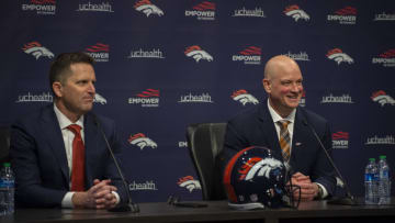 Jan 28, 2022; Englewood, CO, USA; Denver Broncos GM George Paton and Broncos head coach Nathaniel Hackett take questions from the media during at a press conference at UC Health Training Center. Hackett becomes the18th head coach in franchise history. Mandatory Credit: John Leyba-USA TODAY Sports