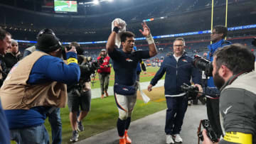 Jan 8, 2023; Denver, Colorado, USA; Denver Broncos quarterback Russell Wilson (3) leaves the field following a victory over the Los Angeles Chargers at Empower Field at Mile High. Mandatory Credit: Ron Chenoy-USA TODAY Sports