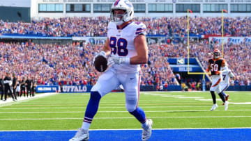 Sep 22, 2019; Orchard Park, NY, USA; Buffalo Bills tight end Dawson Knox (88) catches a pass for a touchdown against the Cincinnati Bengals during the first quarter at New Era Field. Mandatory Credit: Rich Barnes-USA TODAY Sports