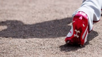 May 11, 2014; Detroit, MI, USA; Detail of the pink cleat of Minnesota Twins second baseman Brian Dozier (2) during the game against the Detroit Tigers at Comerica Park. Mandatory Credit: Rick Osentoski-USA TODAY Sports