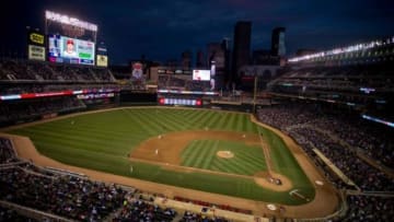 Sep 19, 2015; Minneapolis, MN, USA; Los Angeles Angels play the Minnesota Twins in a wide view of game two of a doubleheader at Target Field. Mandatory Credit: Bruce Kluckhohn-USA TODAY Sports