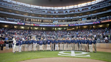 Members of the Minnesota Twins top 50 Twins from the team's 50 years pose for a photo. (Photo by Bruce Kluckhohn/Getty Images)
