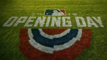 MINNEAPOLIS, MN - MARCH 28: The Opening Day logo painted on the field prior to the game between the Minnesota Twins and Cleveland Indians on March 28, 2019 at the Target Field in Minneapolis, Minnesota. The Twins defeated the Indians 2-0. (Photo by Brace Hemmelgarn/Minnesota Twins/Getty Images) *** Local Caption ***