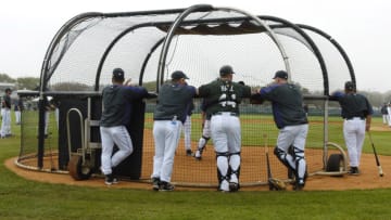 Tampa Bay Devil Rays surround the battling cage during a pitching drill at Raymond A. Naimoli baseball complex in St. Petersburg, Florida on February 23, 2006. (Photo by A. Messerschmidt/Getty Images) *** Local Caption ***