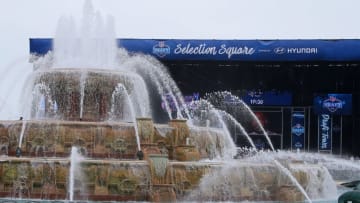 Apr 28, 2016; Chicago, IL, USA; A general view of Buckingham Fountain and the Selection Square stage in Draft Town in Grant Park before the 2016 NFL Draft. Mandatory Credit: Jerry Lai-USA TODAY Sports